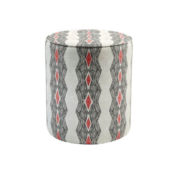 Glamorous patterned pouffe with zig-zag design and dark grey and red accents