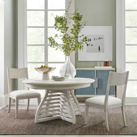 Round extendable dining table with slatted leg base