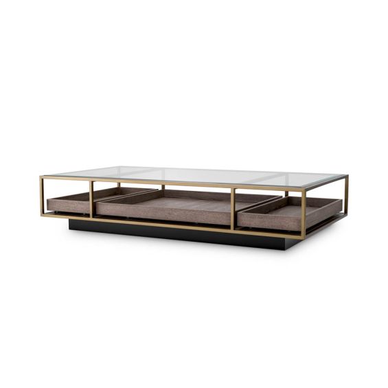 Brass frame coffee table with sleek glass top and slide out wooden trays