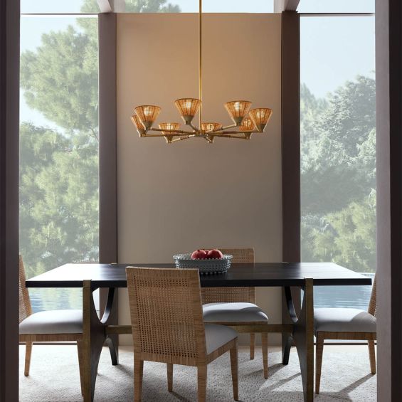 Brass ceiling light with rattan upside cone style shades