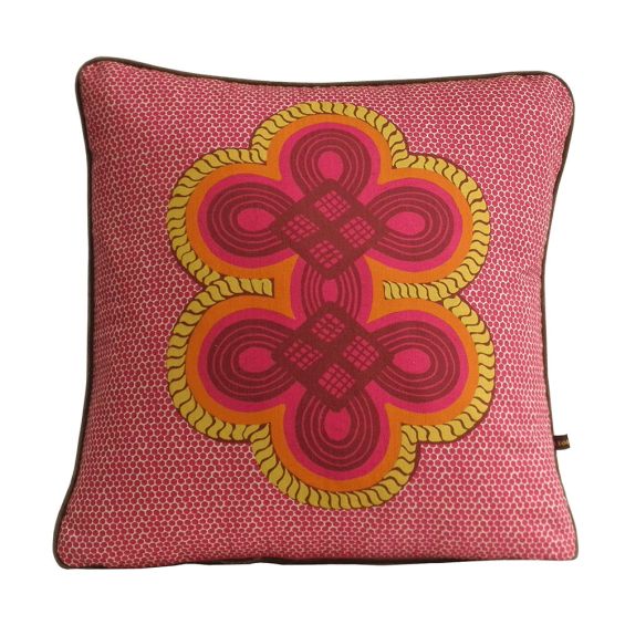 Sumptuous cushion with warm red, yellow and orange tones and loop pattern