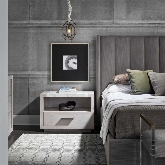 Grey bedside table with marble top, shelf and drawer
