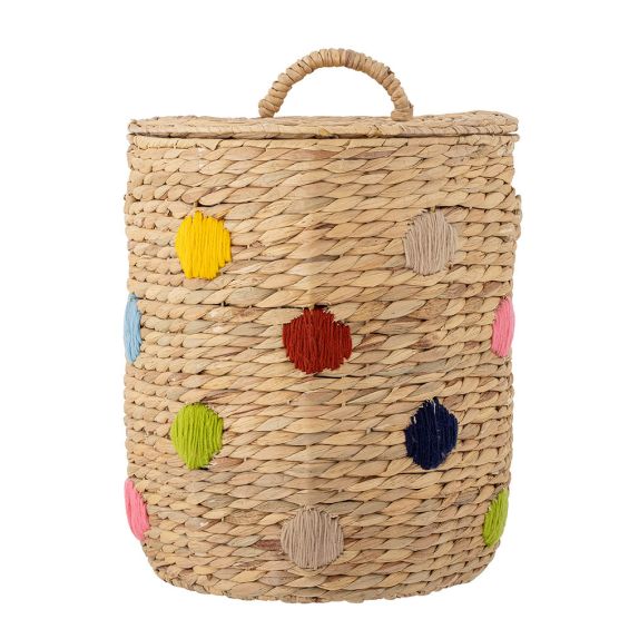 Wicker basked with multi-coloured dot design