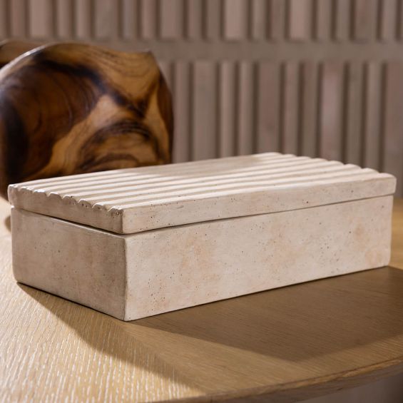 Beige ceramic storage box with corrugated top 