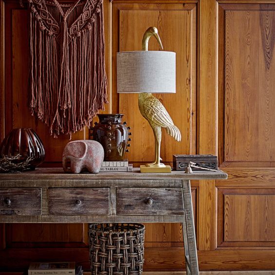 Heron design side lamp with linen shade and brass finish