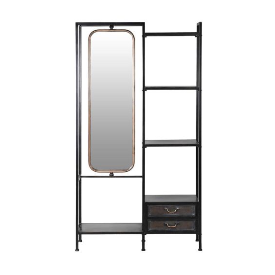 Dressing unit with shelves and drawers for storage and a length mirror