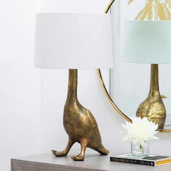 Decorative, antique gold goose design table lamp with white shade