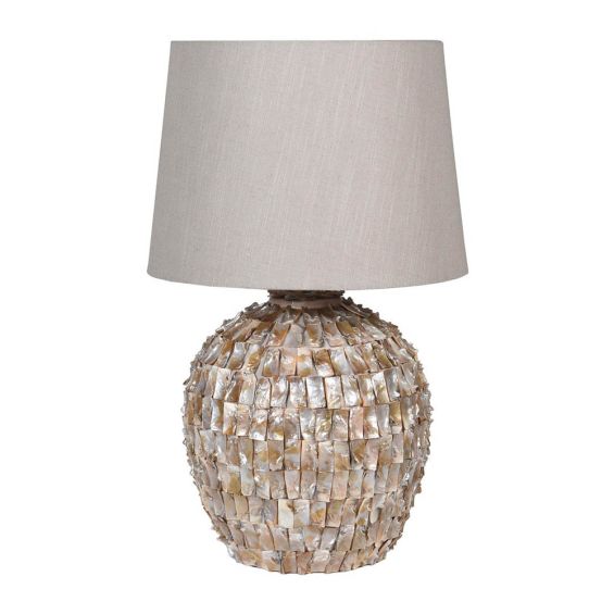 Gorgeous side lamp with mother of pearl effect base and linen shade. 