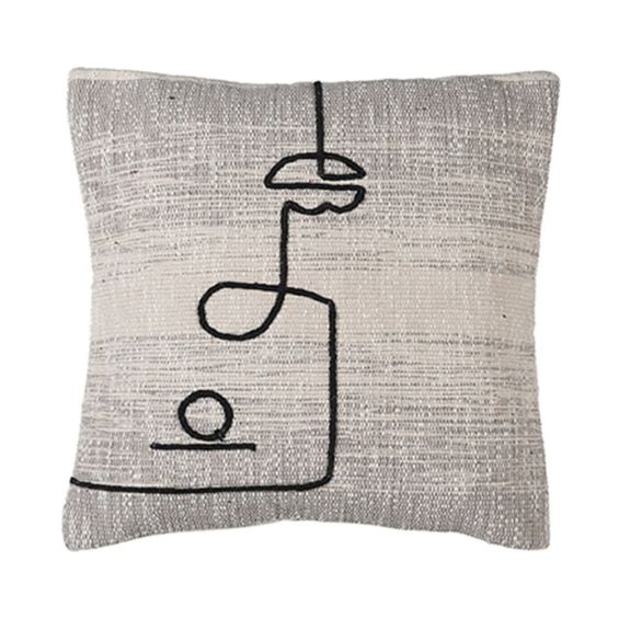 Contemporary beige cotton cushion with an black abstract face design