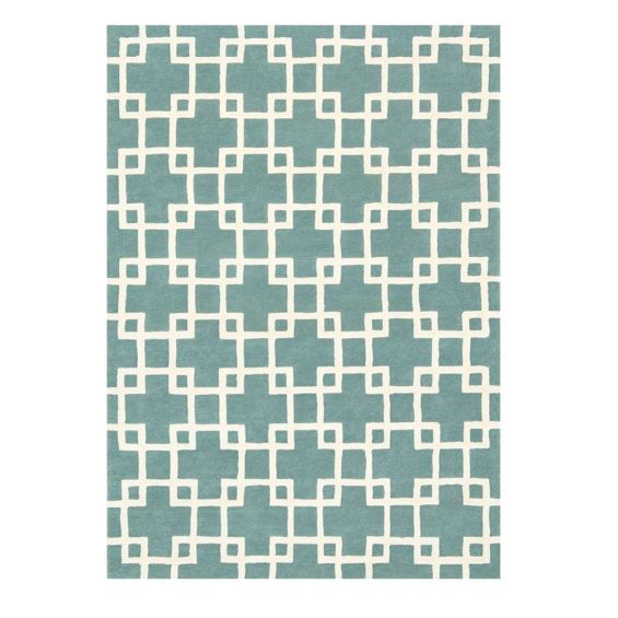 Hand-tufted interlocking square designed patterned wool rug in agate blue