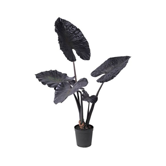 An artificial Alocasia plant with burgundy and dark green toned leaves 