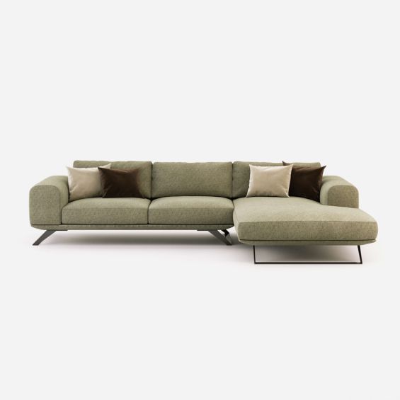Linen cotton, upholstered, chaise longue sofa with wide contemporary design