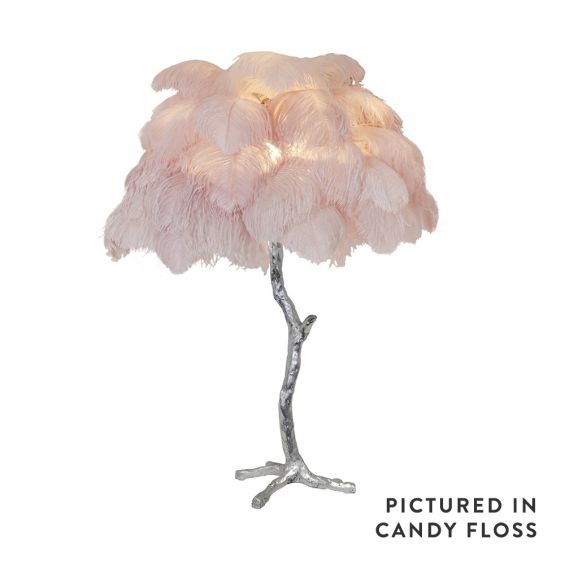 Mini ostrich feather lamp in candyfloss with a silver base