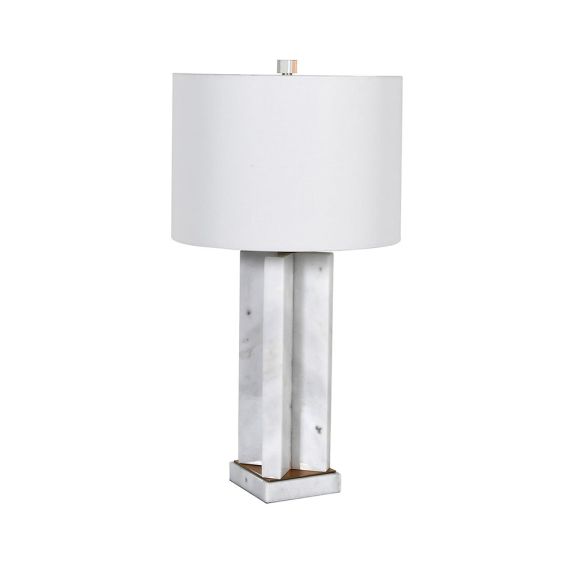 A beautiful table lamp with a wonderful white marble base and lovely white linen shade