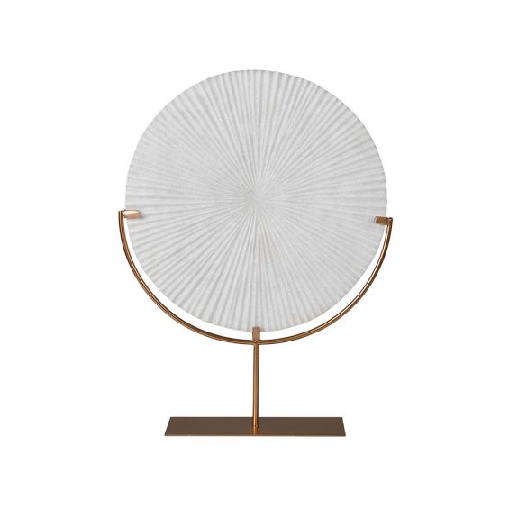 A stunning disc with grooves on a brass stand