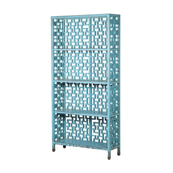 Elegant blue shelving unit with lattice details