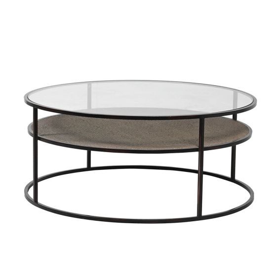 Round coffee table with rattan style shelf and glass top