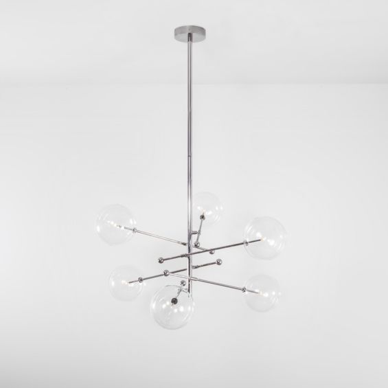 Industrial, retro style chandelier with 6 arm and glass globe accents