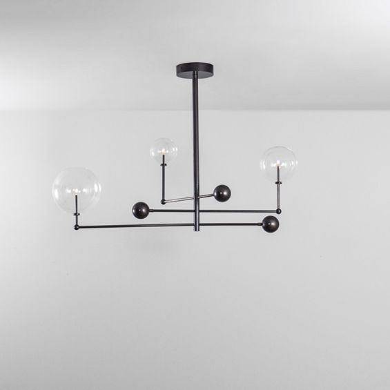 Black gunmetal finish chandelier with rotational arm fixture and clear glass globe design