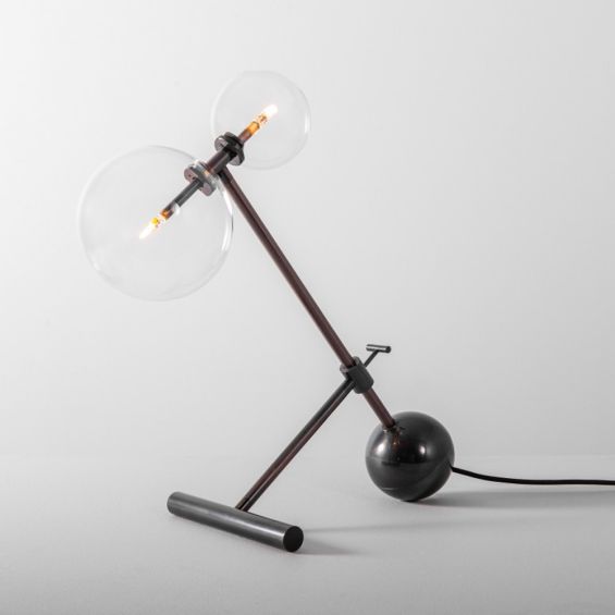 Black gunmetal solid brass industrial table lamp with clear glass globes
