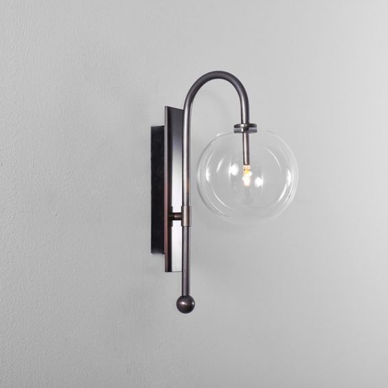 Black gunmetal brass modern industrial wall lamp with large clear glass globe