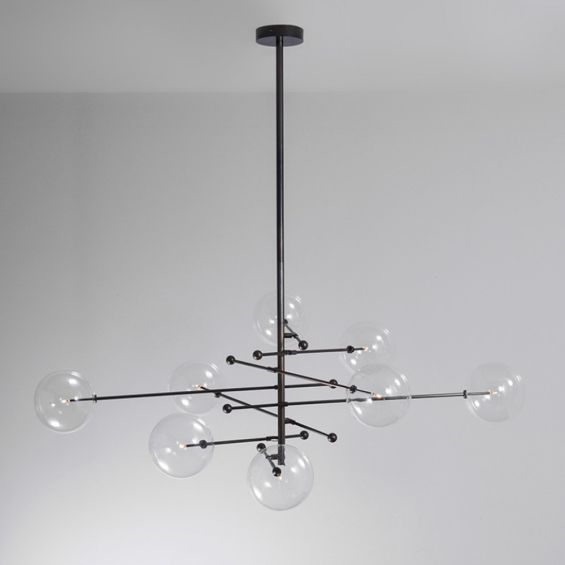 Black gunmetal finish retro/industrial chandelier with 8 arm fixture and 8 clear glass globes