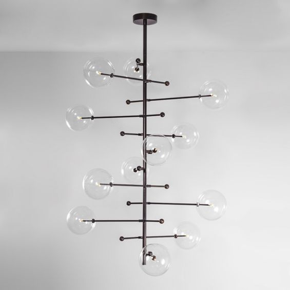 Black gunmetal retro style ceiling light with a 12 arm fixture and 12 clear glass globe design