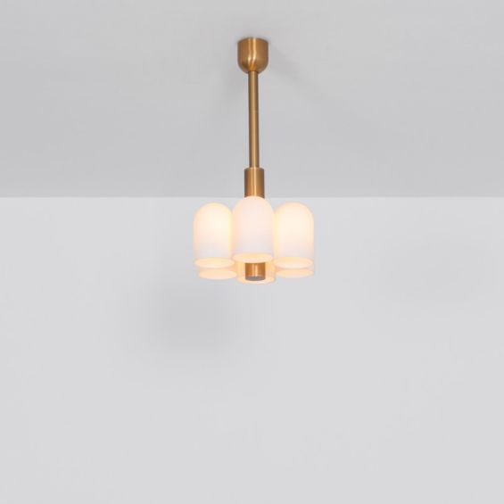 Contemporary natural brass pendant ceiling light with six translucent glass lampshade design