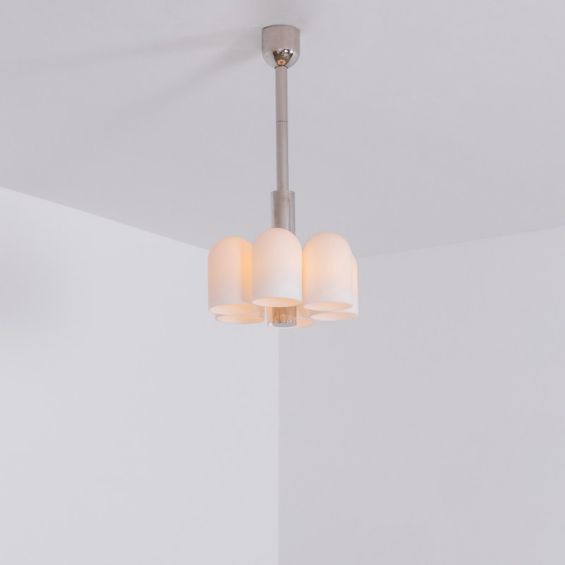 Contemporary polished nickel pendant ceiling light with six translucent glass lampshade design