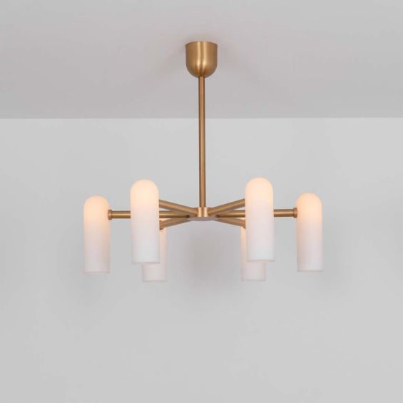 Glamorous retro chandelier with frosted glass lampshades and a solid, natural brass frame