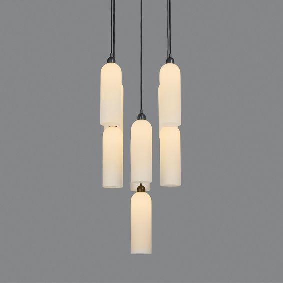 A luxury chandelier by Schwung with 9 frosted, opal glass shades and an industrial black gunmetal finish 