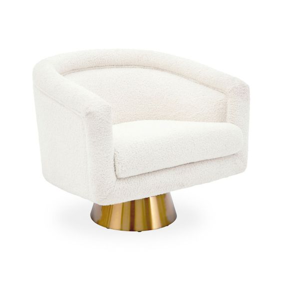 Gorgeous wool swivel chair with flared brass plinth base