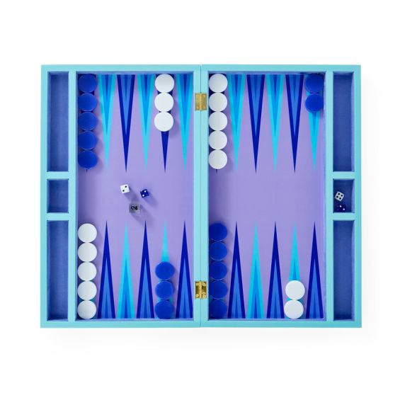 A luxury backgammon set by Jonathan Adler with a glossy finish and shades of blue and lavender