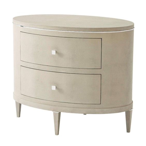 Charming, oval-shaped bedside table with two drawers and textured finish