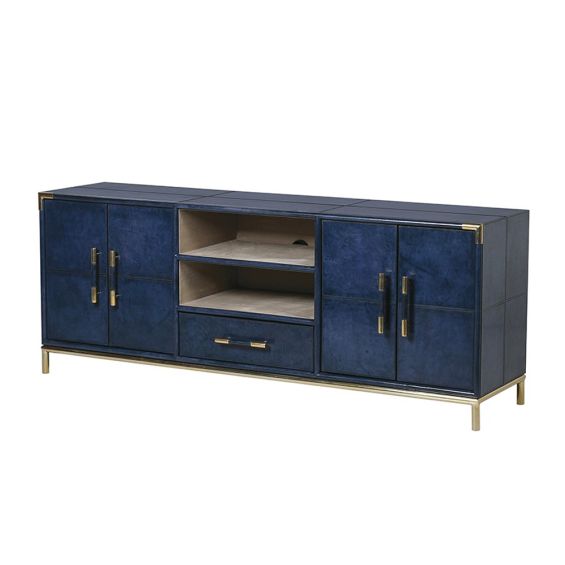 blue leather entertainment unit with brass details