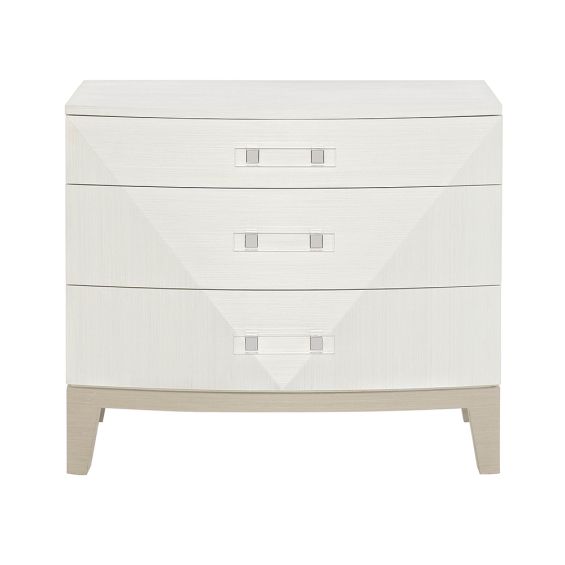 A sophisticated bedside table by Bernhardt featuring a grey and white finish and completed with three spacious drawers