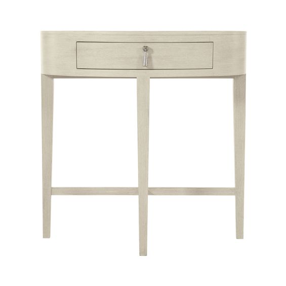 A lovely natural wood, one-drawer bedside table with nickel accents
