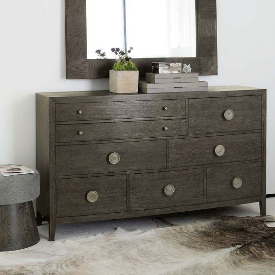 A rich, charcoal 8-drawer dresser with tarnished nickel hardware