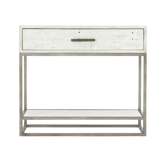 A contemporary, rustic one-drawer bedside table finished in a white wood with a glazed silver finish and featuring a planked bottom shelf
