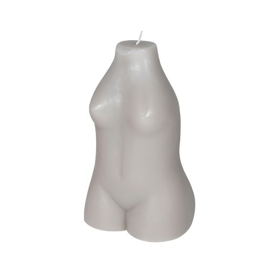 A cheeky grey candle featuring a females body 