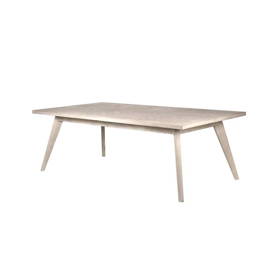 A wooden dining table with a natural finish and leaning legs