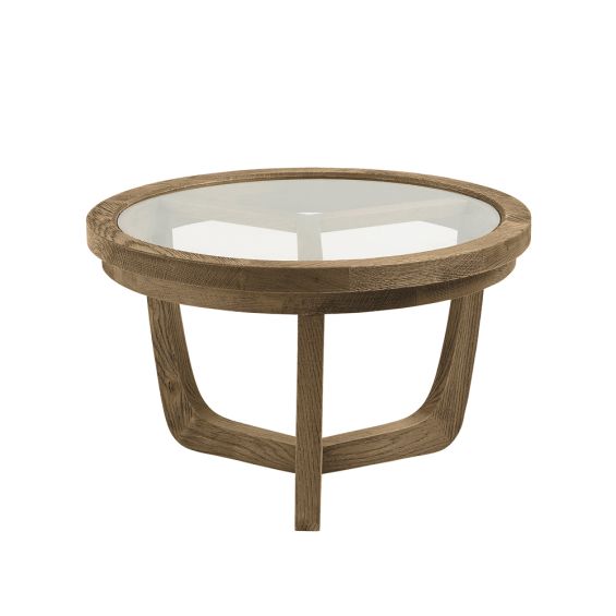 Natural solid oak side table with circular glass top