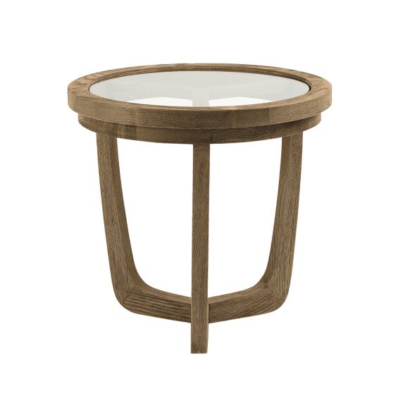 Circle, large, natural wood coffee table with glass table top