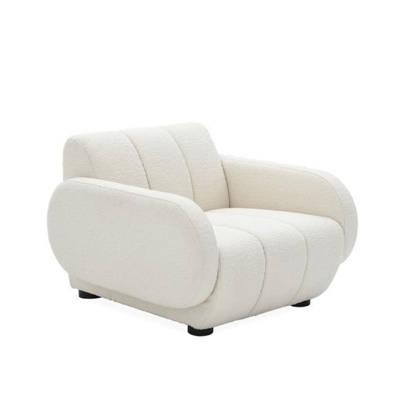 Luxurious white boucle fabric armchair with deep seating and black legs