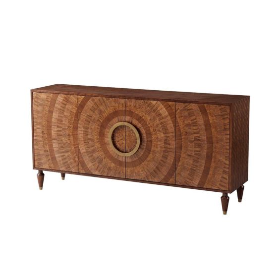 Striking sideboard with radiating circular wood inlay and round brass handles