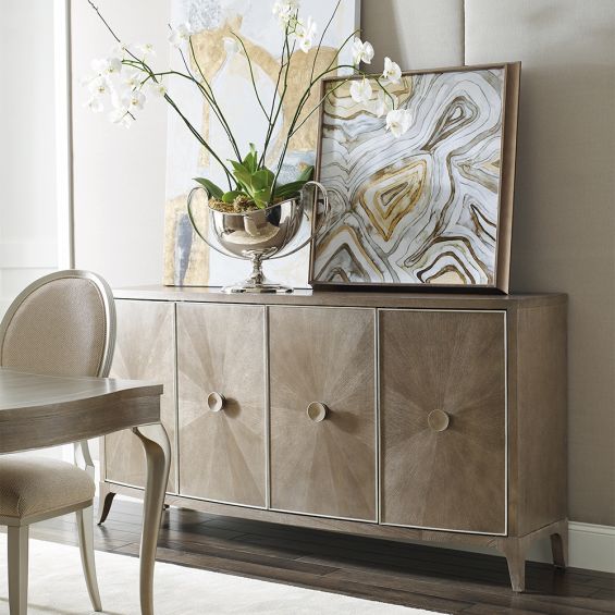 A contemporary curved credenza with an ash-inlay design 