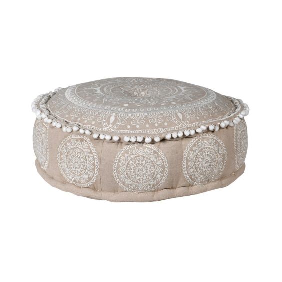 Natural beige and white embroidered circular pouffe with pom pom detailing