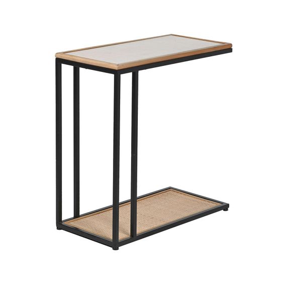 An industrial style side table with a black iron frame and rattan shelves