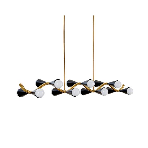 A luxurious brass and black wave chandelier by Jonathan Adler