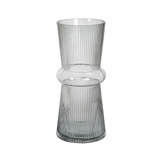 A contemporary hand blown vase with a ribbed design and unique shape